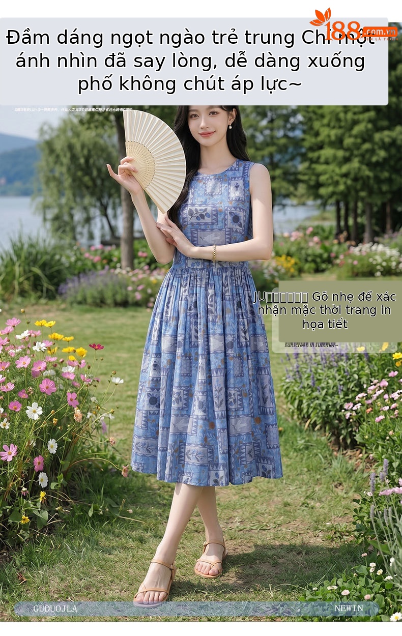 Đầm maxi nữ họa tiết hoa nhí không tay cổ tròn dáng suông thắt eo — Màu ảnh chi tiết 4