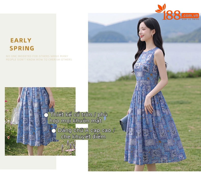 Đầm maxi nữ họa tiết hoa nhí không tay cổ tròn dáng suông thắt eo — Màu ảnh chi tiết 6