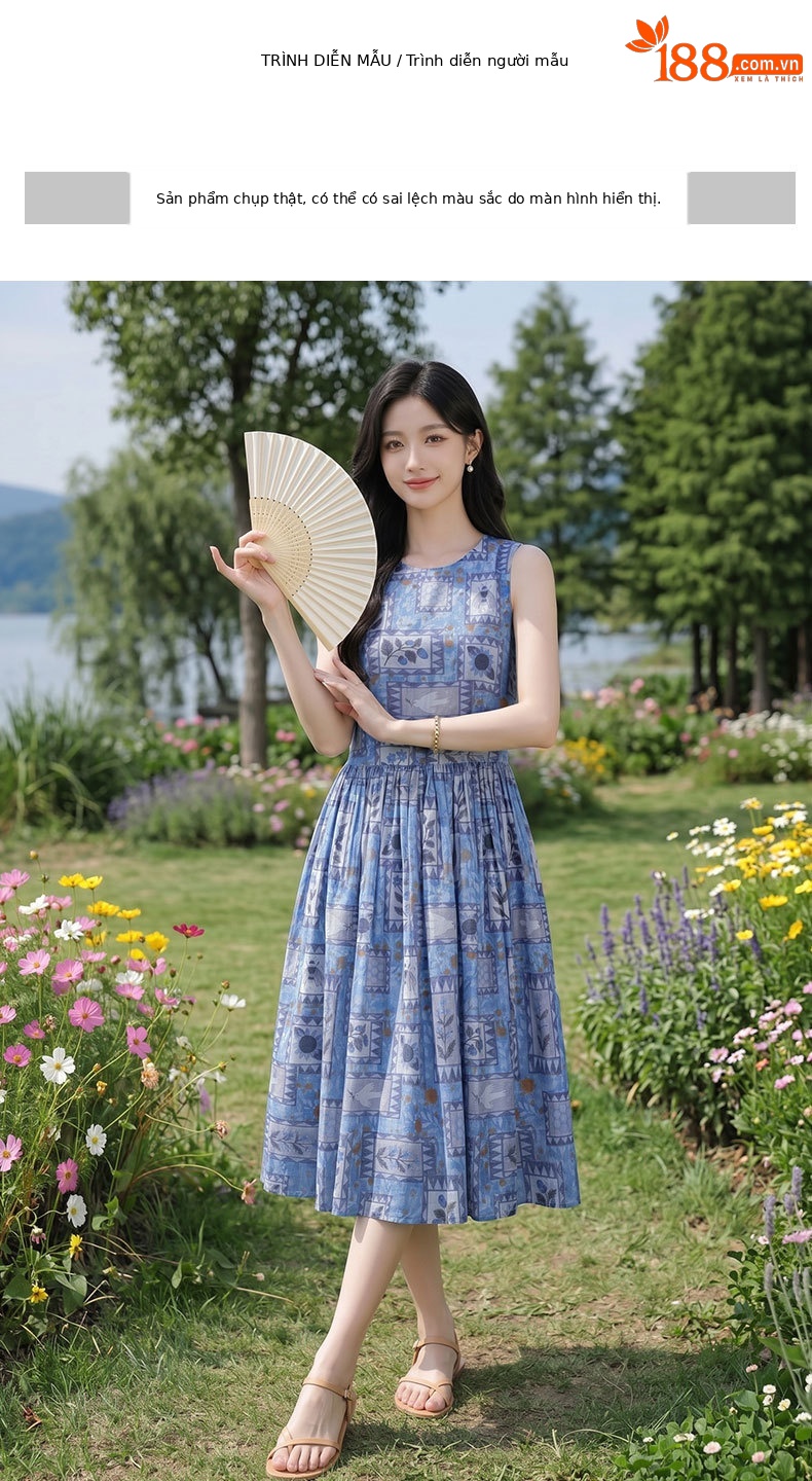 Đầm maxi nữ họa tiết hoa nhí không tay cổ tròn dáng suông thắt eo — Màu ảnh chi tiết 7