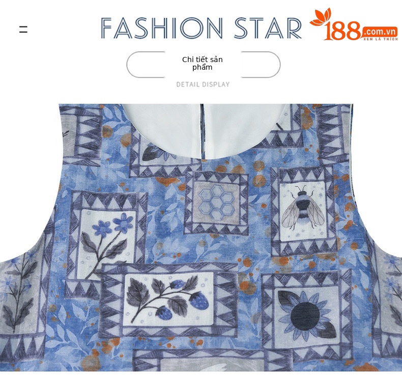 Đầm maxi nữ họa tiết hoa nhí không tay cổ tròn dáng suông thắt eo — Màu ảnh chi tiết 15