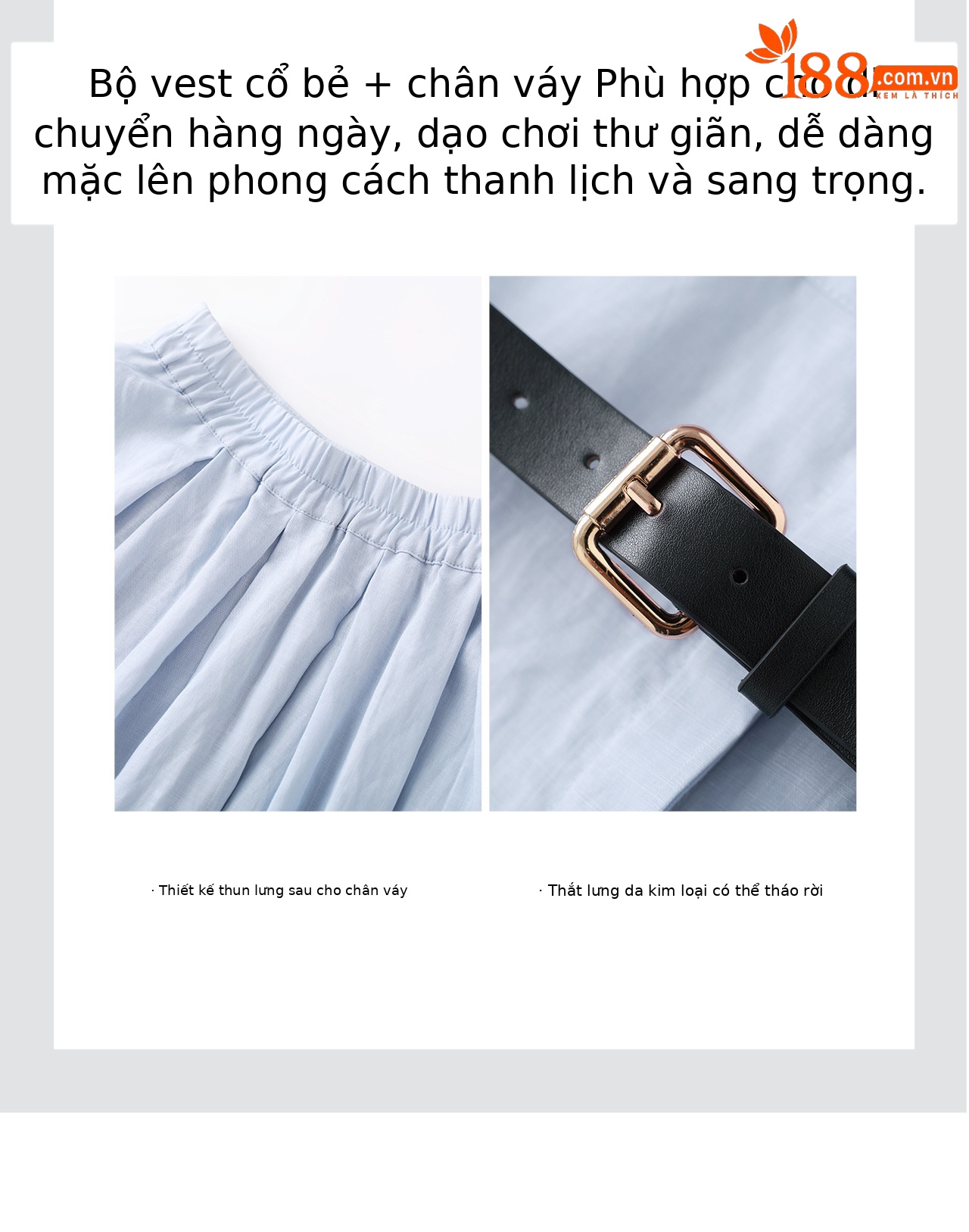 Bộ áo sơ mi và chân váy hai mảnh nữ chất liệu tơ sen phối eo — xanh lam chi tiết 10
