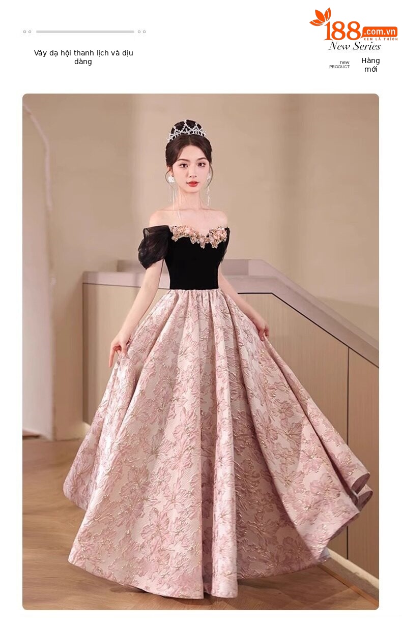 Đầm dạ hội đen cổ yếm dáng ôm đuôi cá kiểu Pháp — Đen, Đỏ rượu chi tiết 1