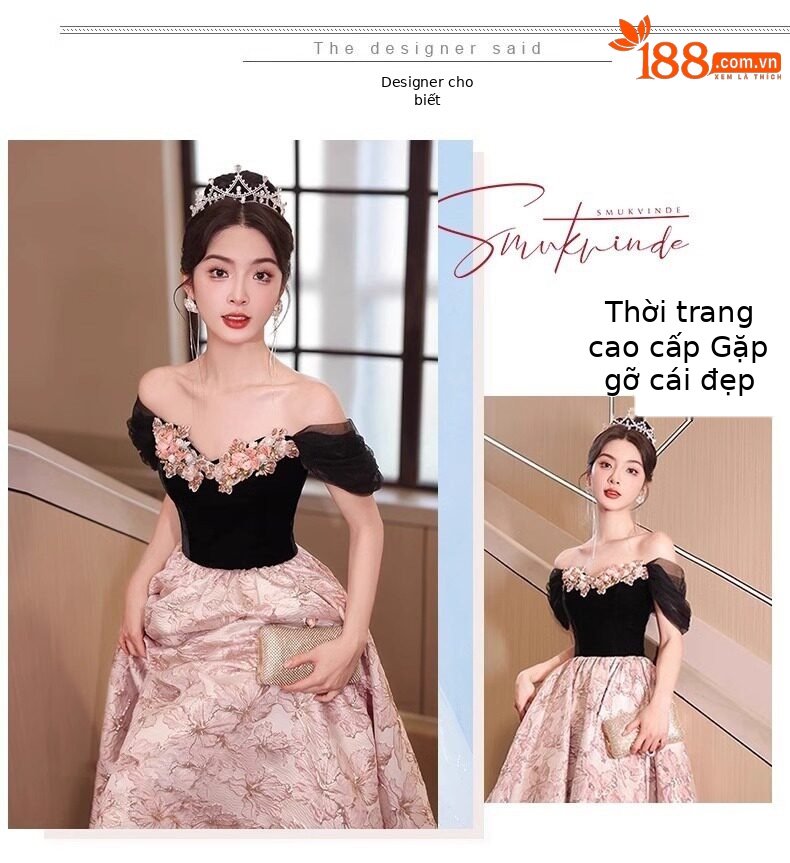 Đầm dạ hội đen cổ yếm dáng ôm đuôi cá kiểu Pháp — Đen, Đỏ rượu chi tiết 2