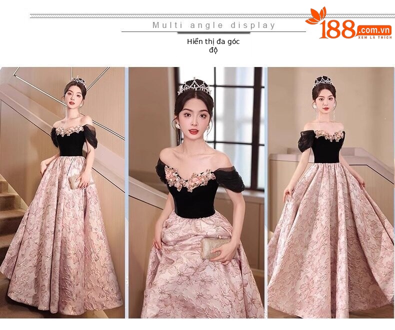 Đầm dạ hội đen cổ yếm dáng ôm đuôi cá kiểu Pháp — Đen, Đỏ rượu chi tiết 3