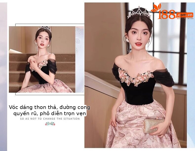 Đầm dạ hội đen cổ yếm dáng ôm đuôi cá kiểu Pháp — Đen, Đỏ rượu chi tiết 5