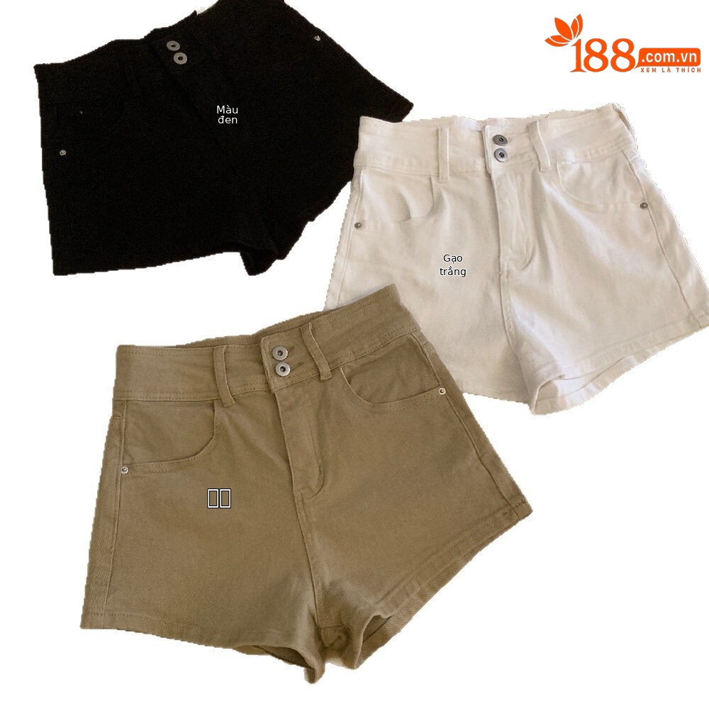 Quần short jean nữ lưng cao thiết kế hai khuy, dáng ôm gọn, phối màu cơ bản — màu đen, trắng ngà, màu kaki