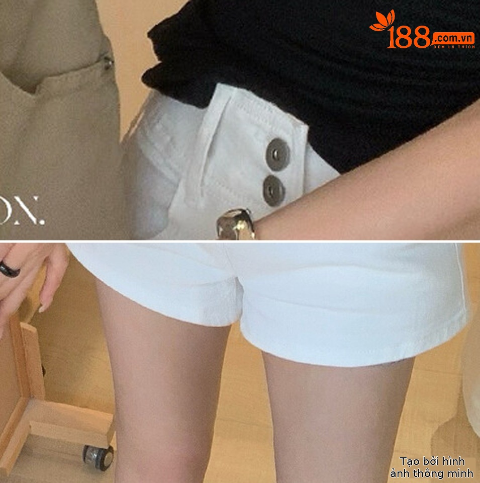 Quần short jean nữ lưng cao thiết kế hai khuy, dáng ôm gọn, phối màu cơ bản — màu đen, trắng ngà, màu kaki chi tiết 9