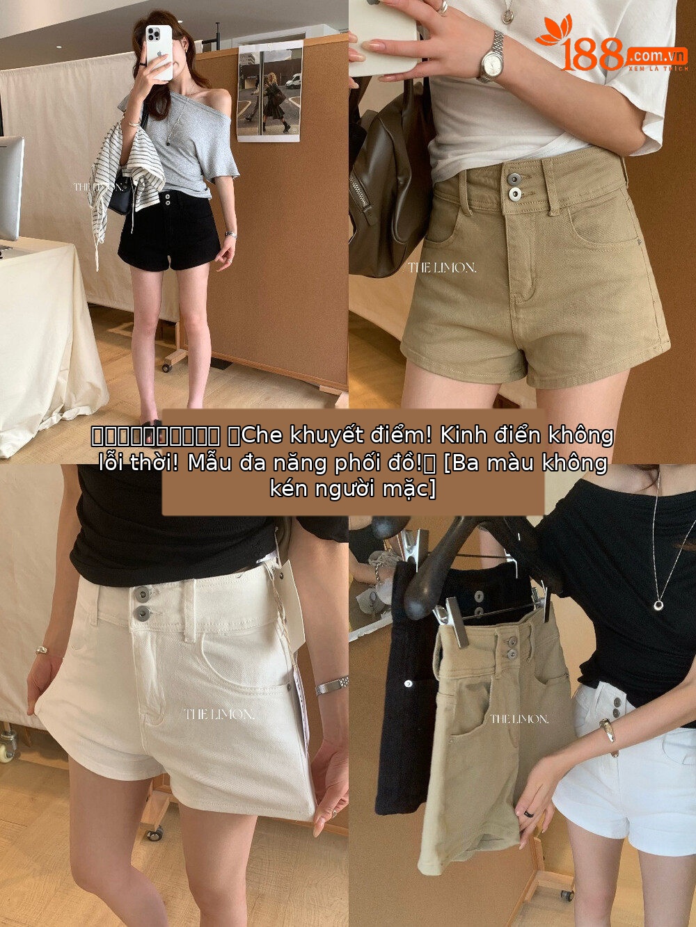 Quần short jean nữ lưng cao thiết kế hai khuy, dáng ôm gọn, phối màu cơ bản — màu đen, trắng ngà, màu kaki chi tiết 23