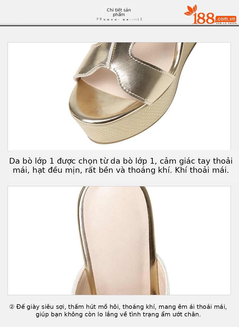 Sandal cao gót nữ hở mũi đế xuồng platform gót 12 cm — màu vàng, bạc chi tiết 2