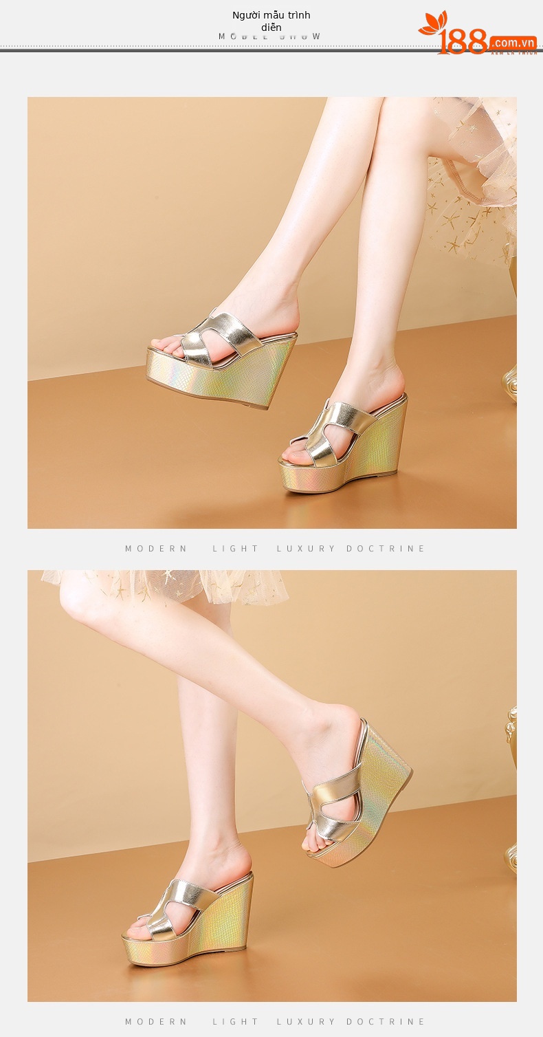 Sandal cao gót nữ hở mũi đế xuồng platform gót 12 cm — màu vàng, bạc chi tiết 4