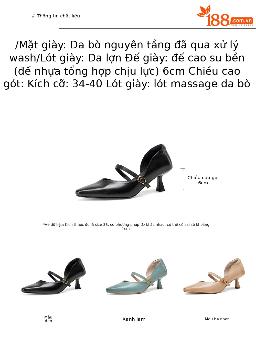 Sandal cao gót nữ quai ngang mũi nhọn da bò cổ điển gót 9 cm — đen chi tiết 3
