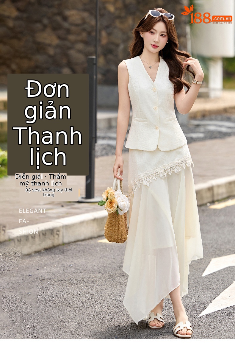 Bộ áo gile không tay và chân váy nữ cao cấp 2026 thiết kế thanh lịch tôn dáng hai mảnh YH6127 — Sữa hạnh nhân, màu trắng ngà chi tiết 1