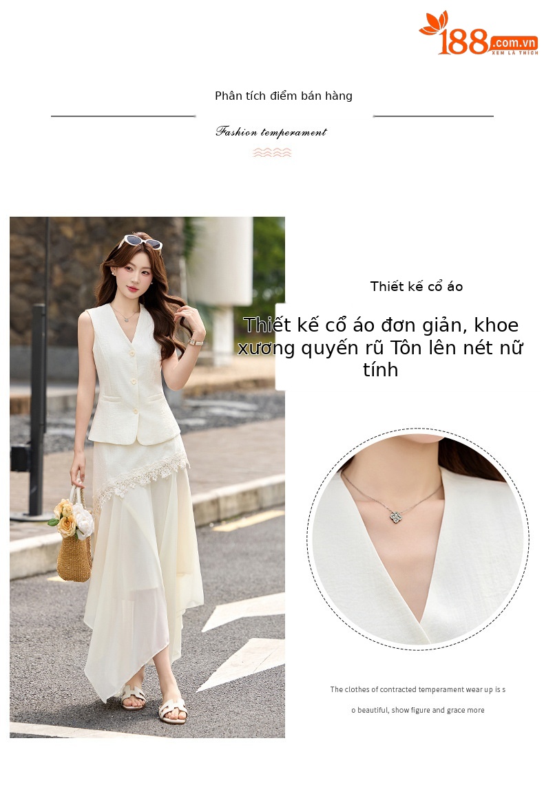 Bộ áo gile không tay và chân váy nữ cao cấp 2026 thiết kế thanh lịch tôn dáng hai mảnh YH6127 — Sữa hạnh nhân, màu trắng ngà chi tiết 5