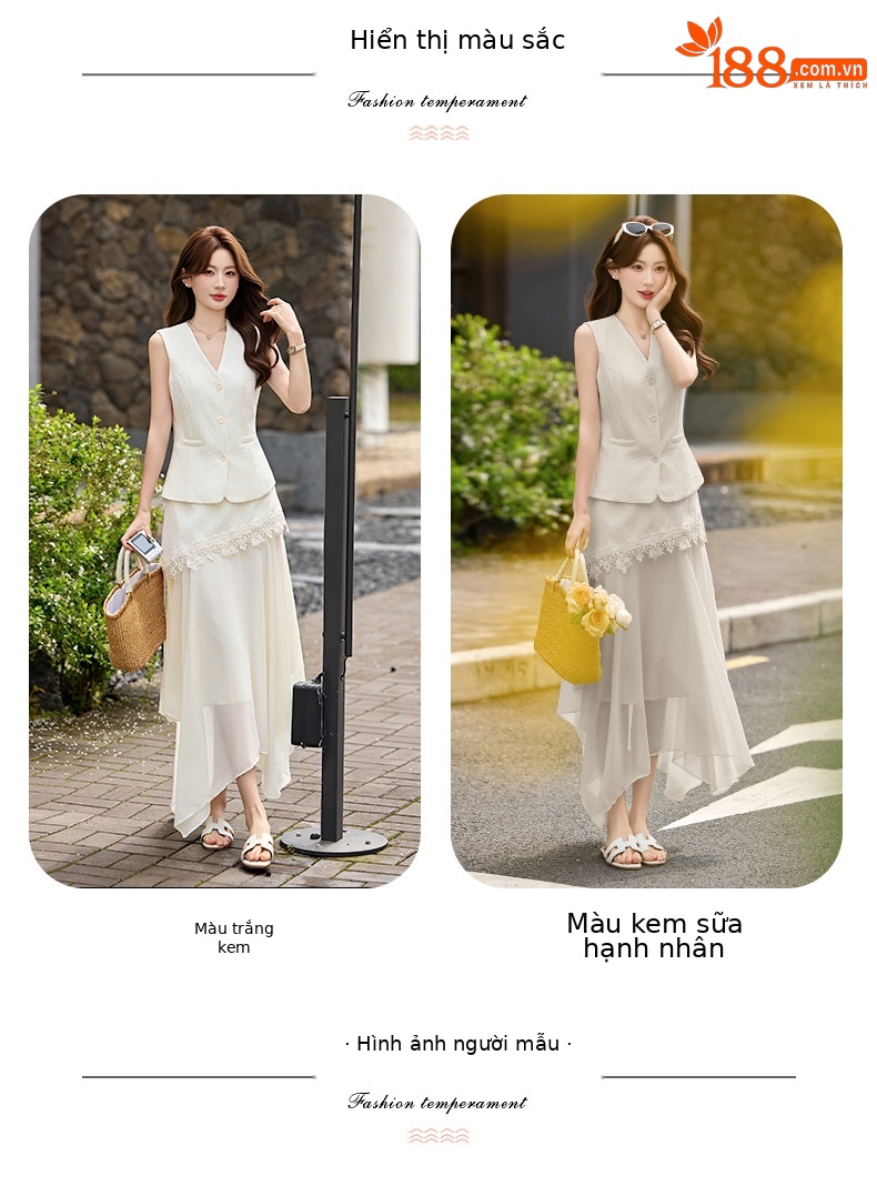 Bộ áo gile không tay và chân váy nữ cao cấp 2026 thiết kế thanh lịch tôn dáng hai mảnh YH6127 — Sữa hạnh nhân, màu trắng ngà chi tiết 9