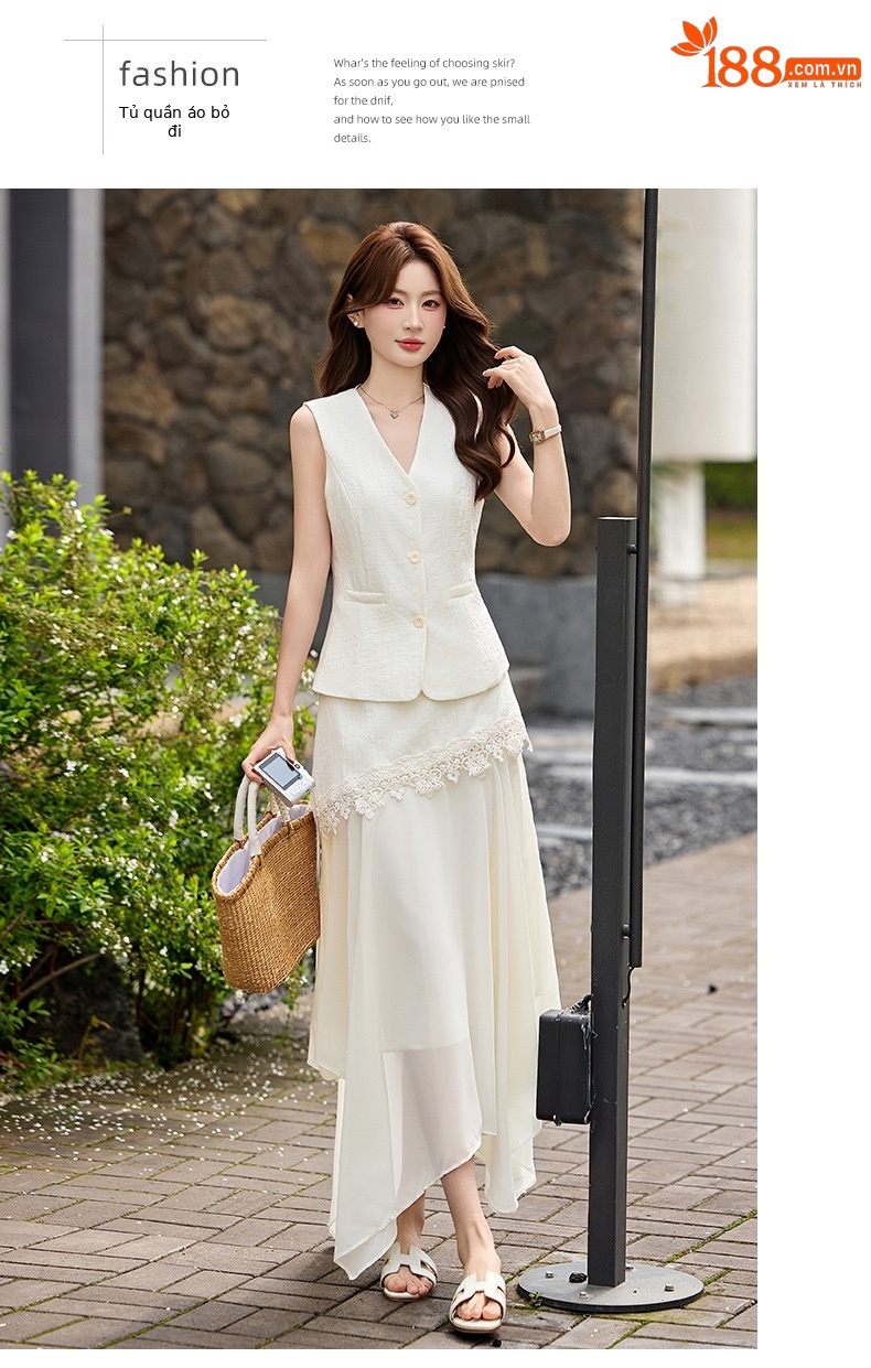 Bộ áo gile không tay và chân váy nữ cao cấp 2026 thiết kế thanh lịch tôn dáng hai mảnh YH6127 — Sữa hạnh nhân, màu trắng ngà chi tiết 19