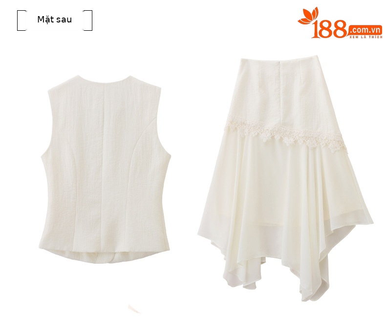 Bộ áo gile không tay và chân váy nữ cao cấp 2026 thiết kế thanh lịch tôn dáng hai mảnh YH6127 — Sữa hạnh nhân, màu trắng ngà chi tiết 31