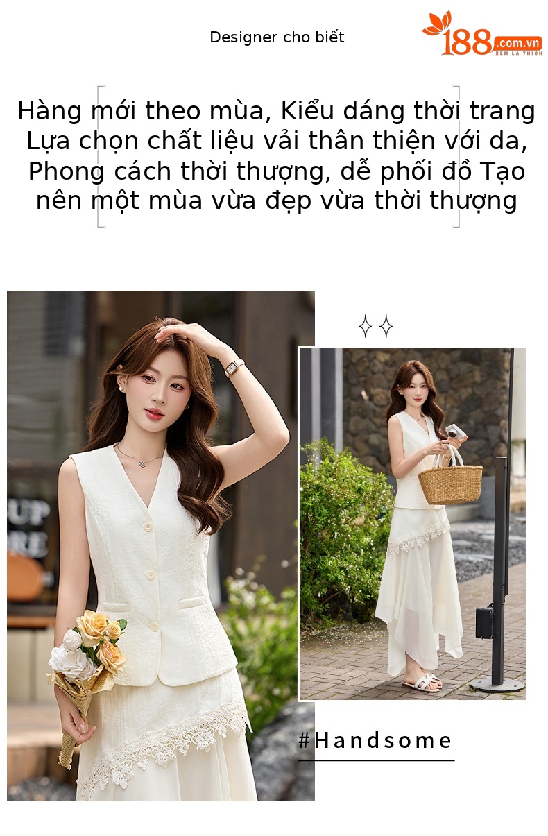 Bộ áo gile không tay và chân váy nữ cao cấp 2026 thiết kế thanh lịch tôn dáng hai mảnh YH6127 — Sữa hạnh nhân, màu trắng ngà chi tiết 2