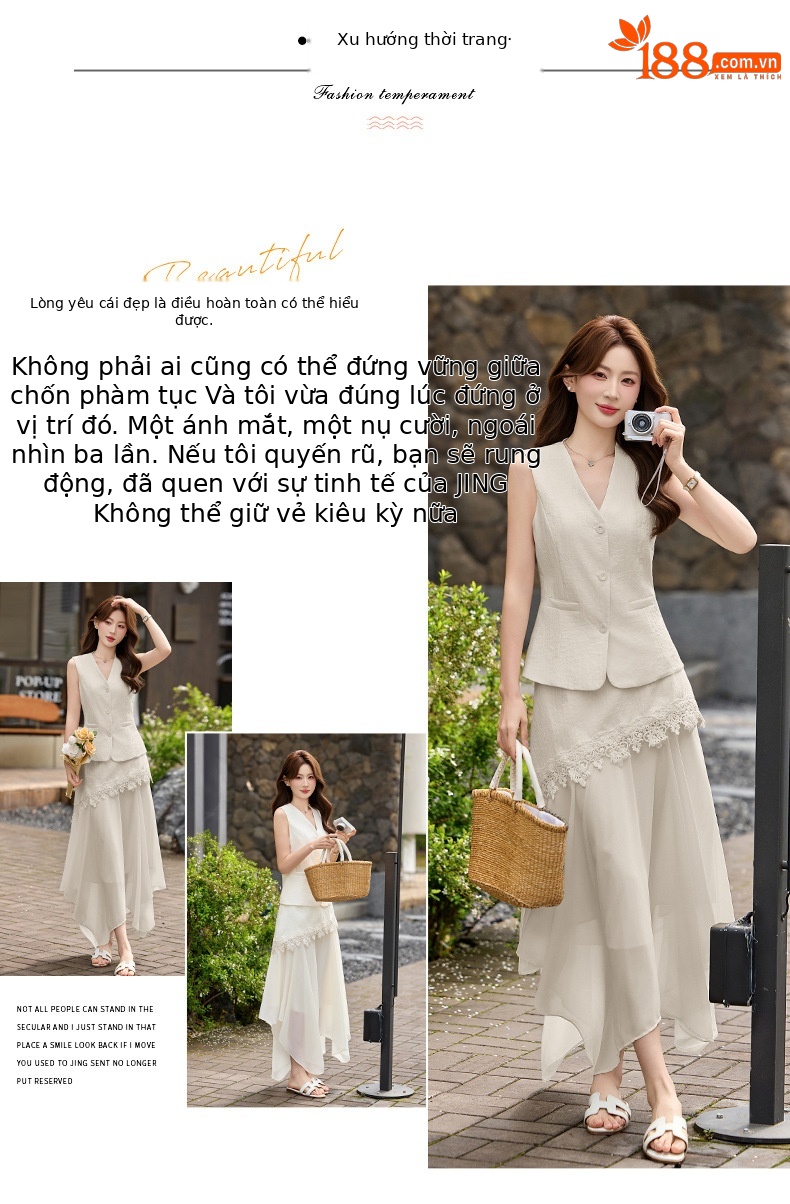 Bộ áo gile không tay và chân váy nữ cao cấp 2026 thiết kế thanh lịch tôn dáng hai mảnh YH6127 — Sữa hạnh nhân, màu trắng ngà chi tiết 4