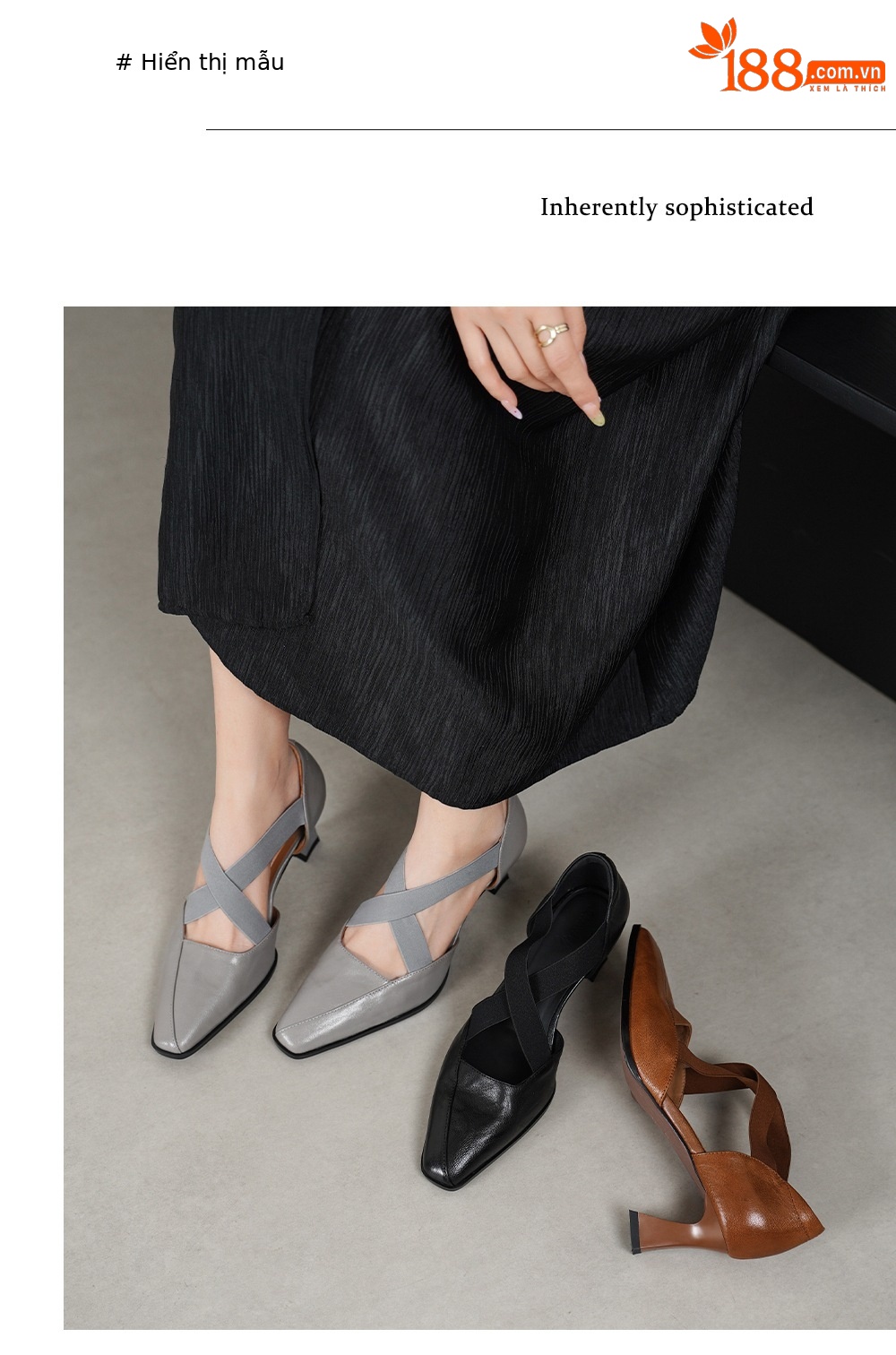 Sandal cao gót nữ da cừu mũi trùm cổ điển, gót vuông ổn định, quai thun co giãn — đen chi tiết 5