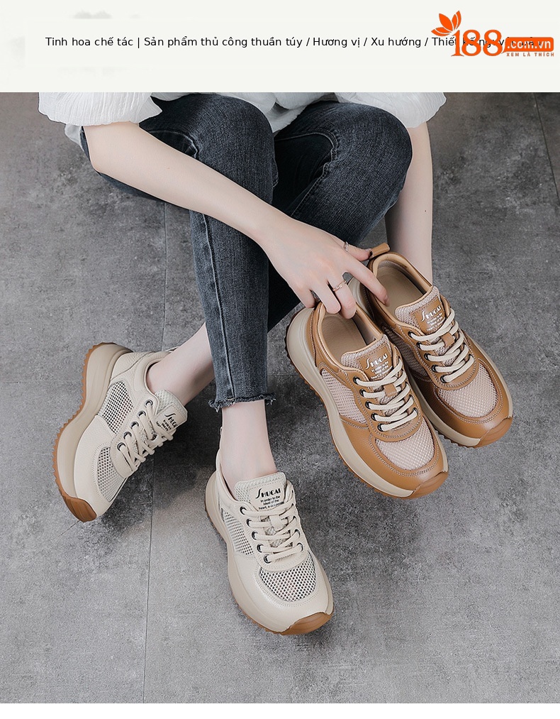 Giày sneaker nữ chunky đế dày da bò lỗ thoáng khí — màu trắng chi tiết 1