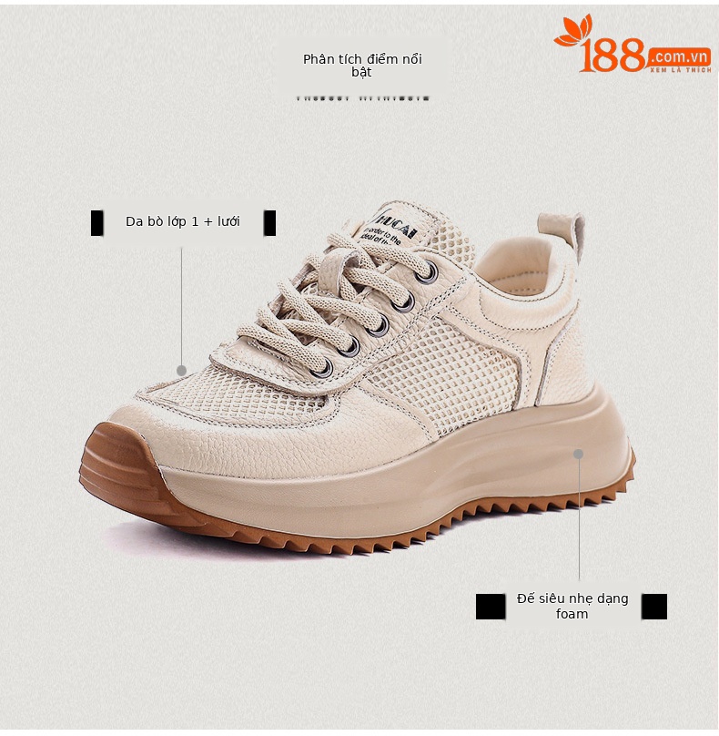 Giày sneaker nữ chunky đế dày da bò lỗ thoáng khí — màu trắng chi tiết 3