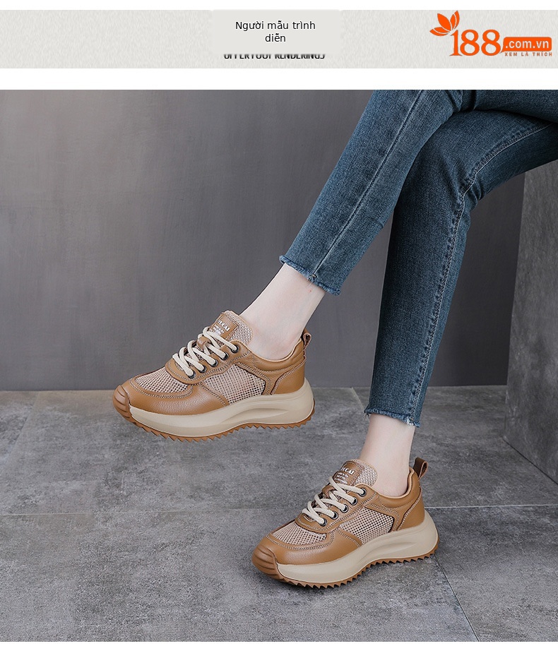 Giày sneaker nữ chunky đế dày da bò lỗ thoáng khí — màu trắng chi tiết 9