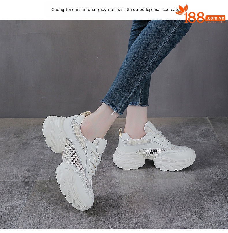 Giày sneaker nữ đế dày phong cách dad sneaker, lưới thoáng khí, da thật tăng chiều cao — Lưới trắng chi tiết 2