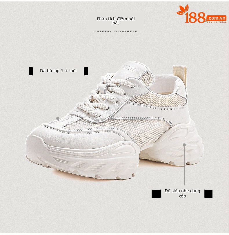 Giày sneaker nữ đế dày phong cách dad sneaker, lưới thoáng khí, da thật tăng chiều cao — Lưới trắng chi tiết 3