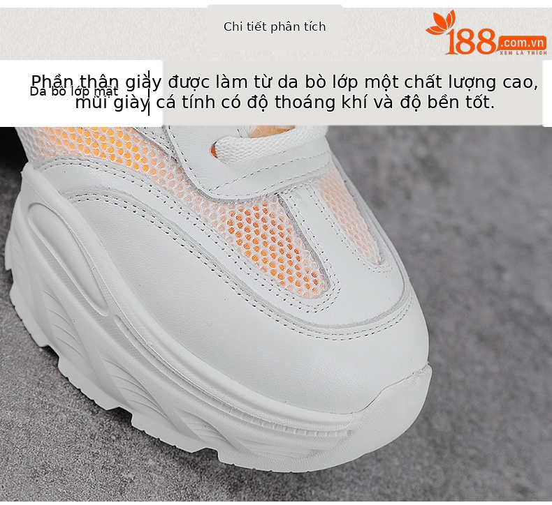 Giày sneaker nữ đế dày phong cách dad sneaker, lưới thoáng khí, da thật tăng chiều cao — Lưới trắng chi tiết 4
