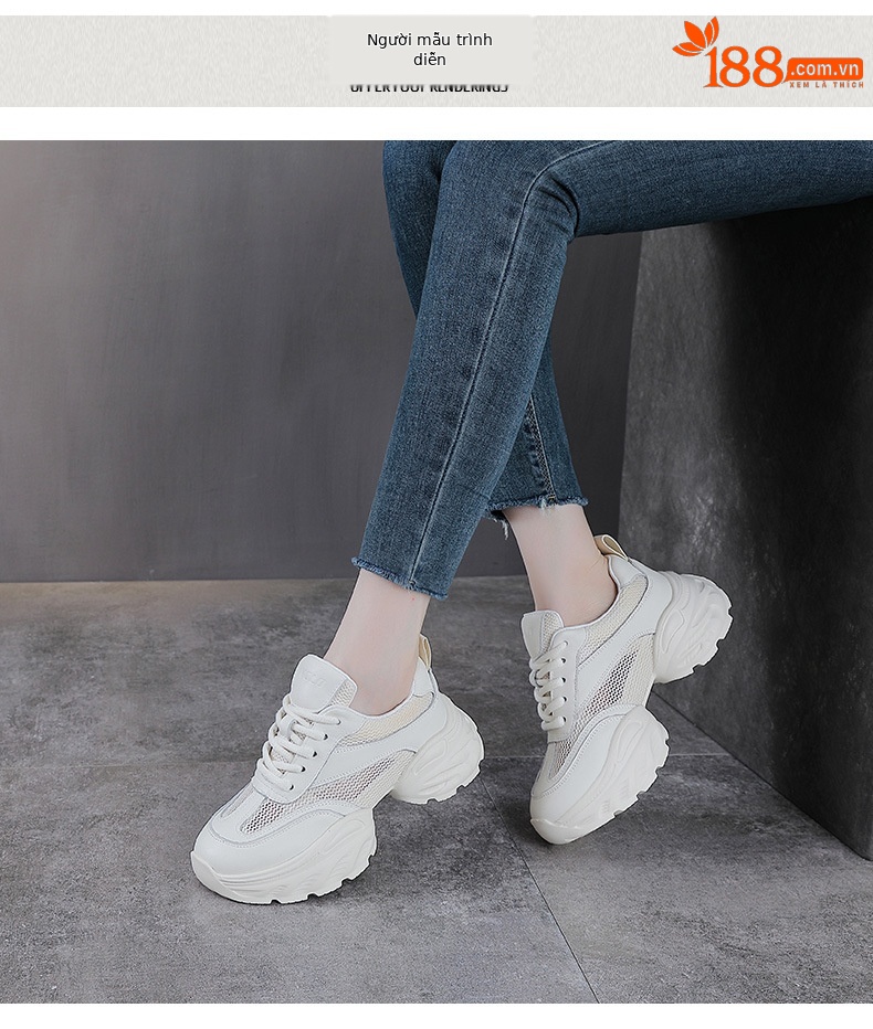 Giày sneaker nữ đế dày phong cách dad sneaker, lưới thoáng khí, da thật tăng chiều cao — Lưới trắng chi tiết 9