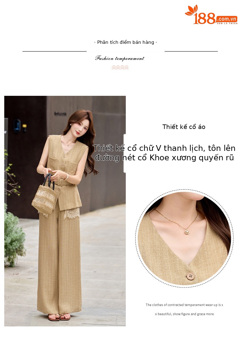 Bộ vest quần ống rộng nữ phối ren dây rút eo 2 món YH6133 — Màu ảnh chi tiết 5
