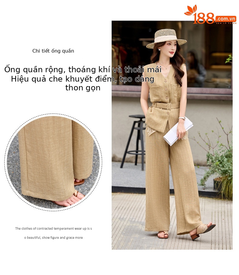 Bộ vest quần ống rộng nữ phối ren dây rút eo 2 món YH6133 — Màu ảnh chi tiết 7