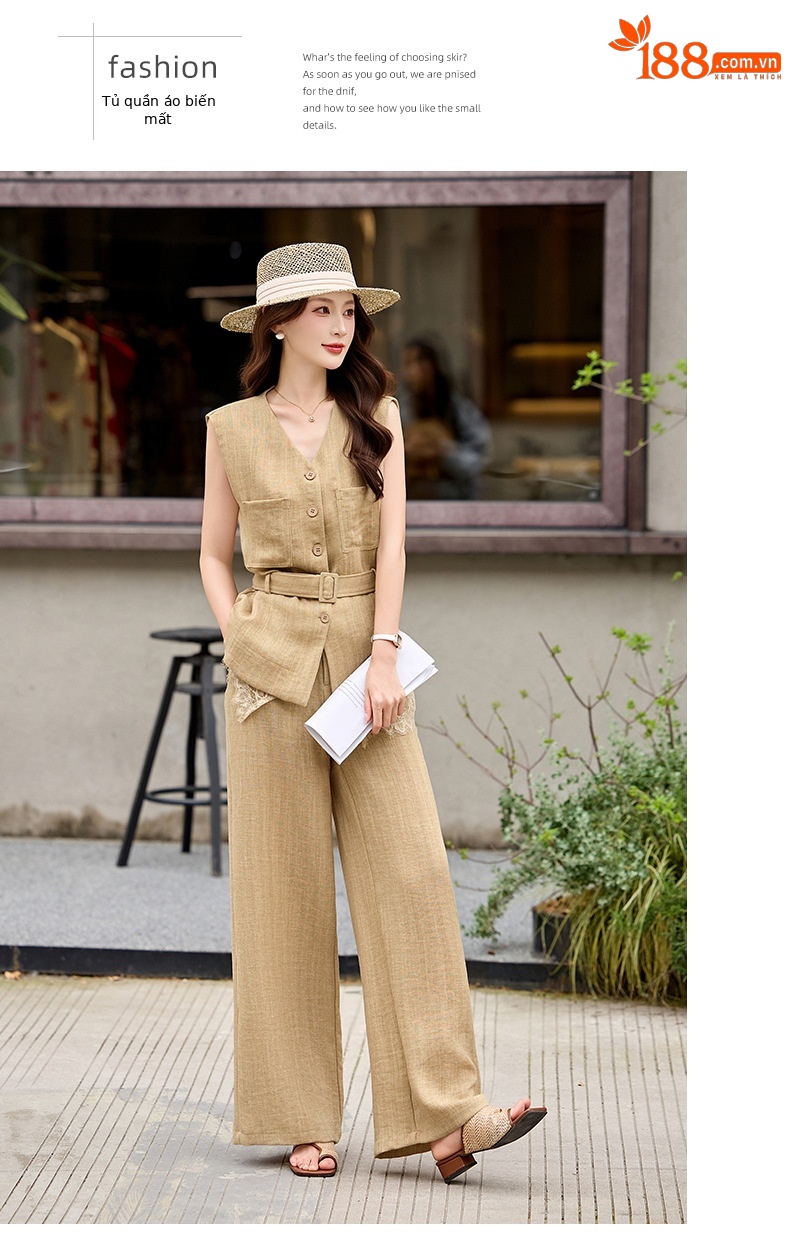 Bộ vest quần ống rộng nữ phối ren dây rút eo 2 món YH6133 — Màu ảnh chi tiết 18
