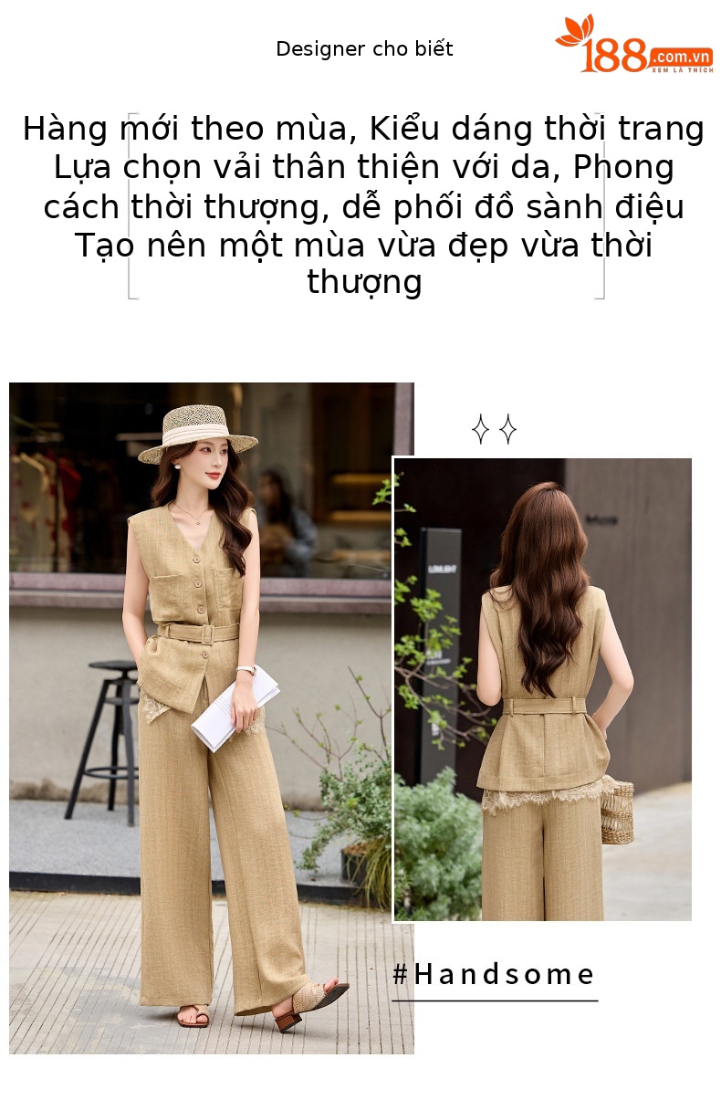 Bộ vest quần ống rộng nữ phối ren dây rút eo 2 món YH6133 — Màu ảnh chi tiết 2