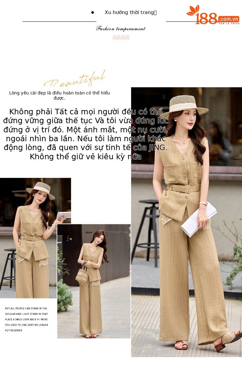 Bộ vest quần ống rộng nữ phối ren dây rút eo 2 món YH6133 — Màu ảnh chi tiết 4