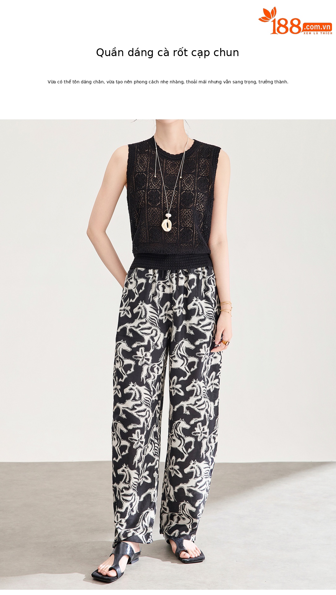 Quần culottes nữ ống rộng in họa tiết vintage, chất liệu cotton pha lanh mềm mại — màu đen chi tiết 4