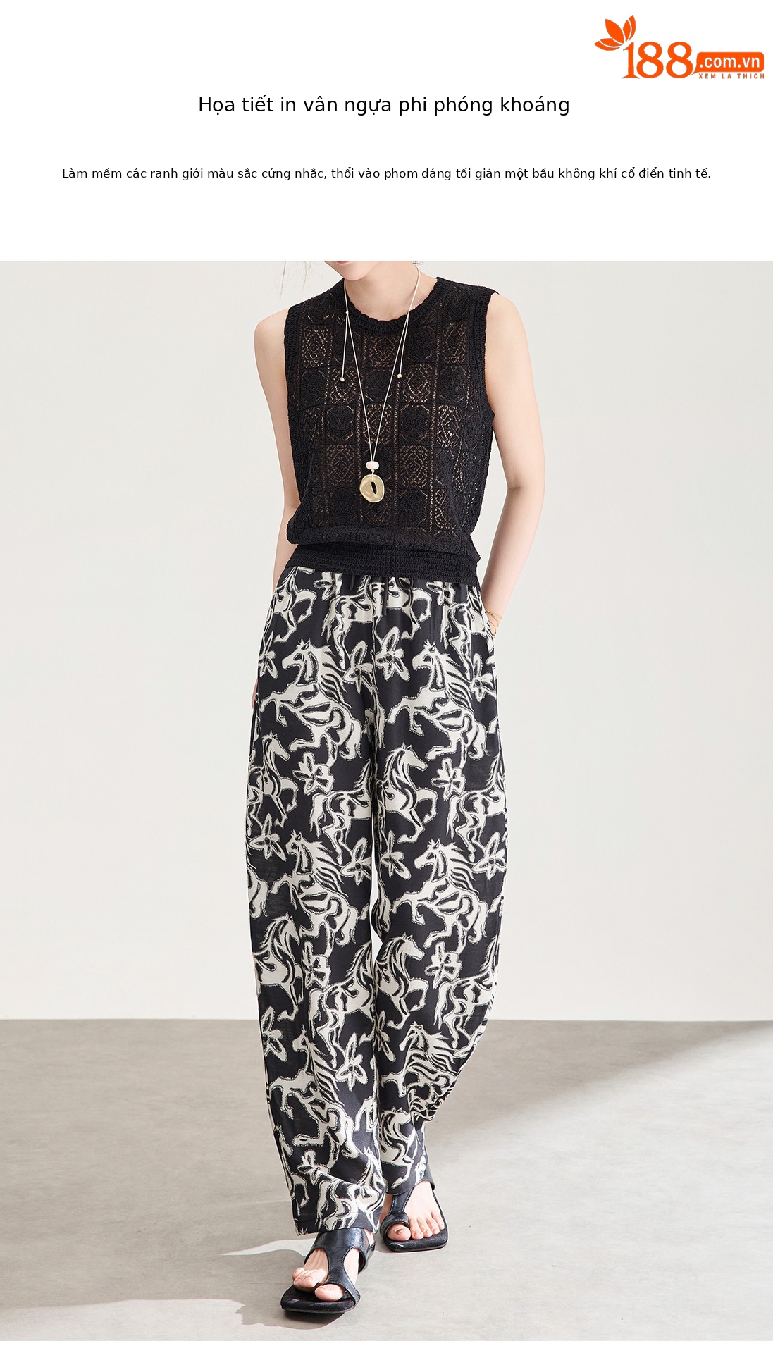 Quần culottes nữ ống rộng in họa tiết vintage, chất liệu cotton pha lanh mềm mại — màu đen chi tiết 5