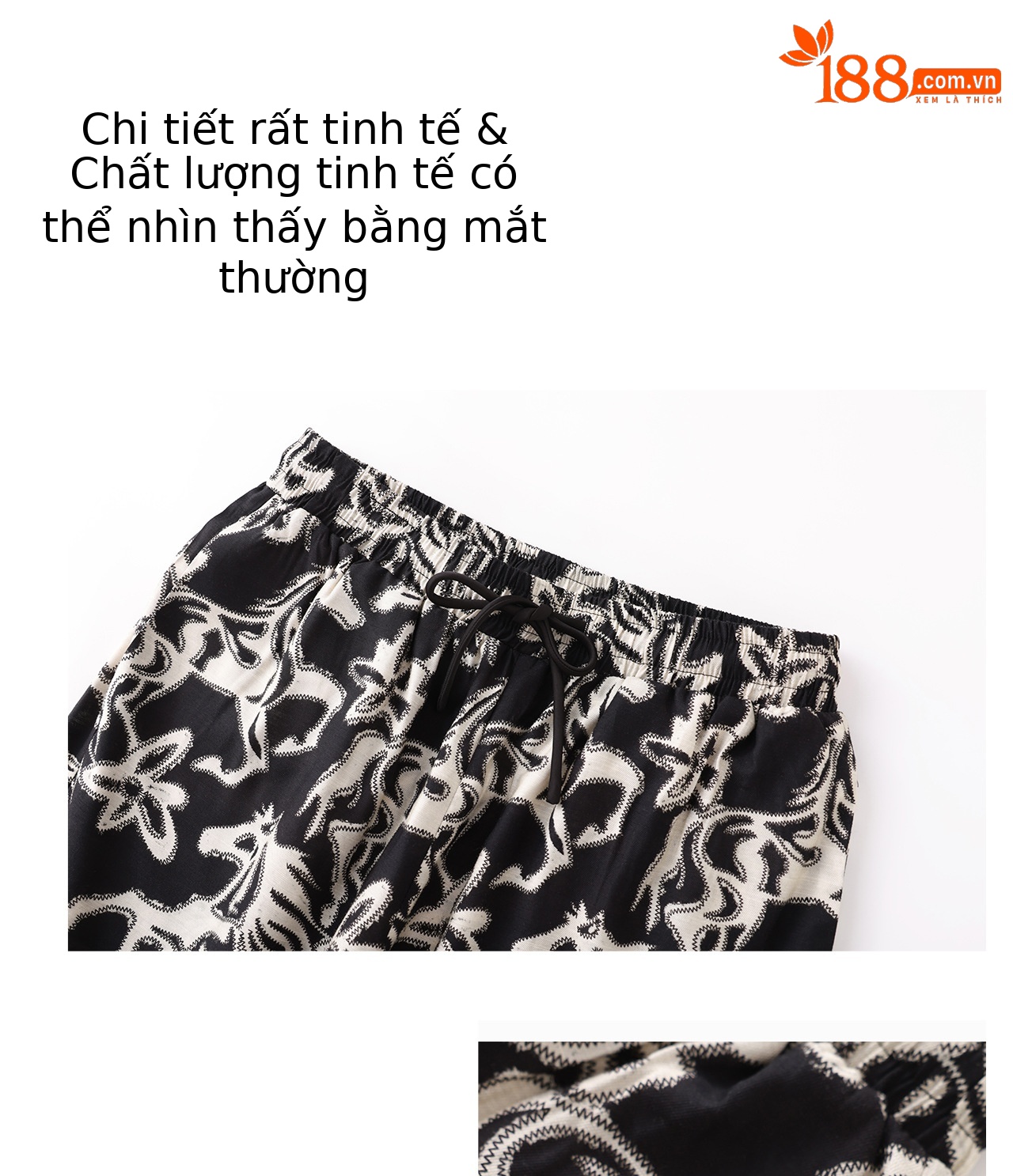 Quần culottes nữ ống rộng in họa tiết vintage, chất liệu cotton pha lanh mềm mại — màu đen chi tiết 6