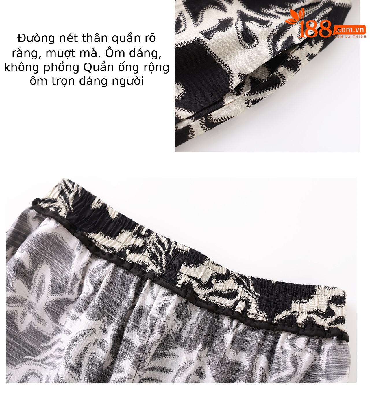 Quần culottes nữ ống rộng in họa tiết vintage, chất liệu cotton pha lanh mềm mại — màu đen chi tiết 7