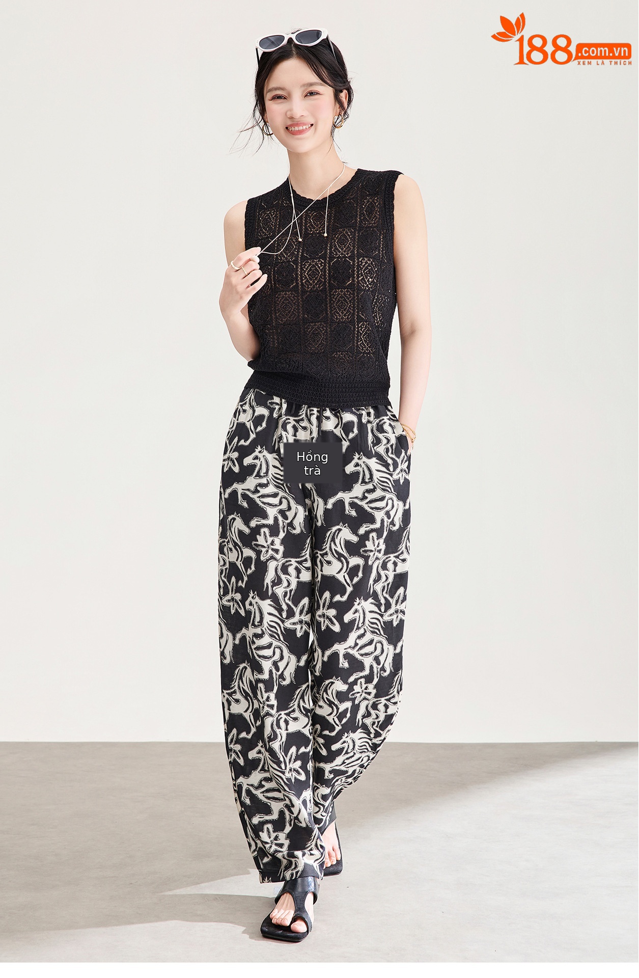 Quần culottes nữ ống rộng in họa tiết vintage, chất liệu cotton pha lanh mềm mại — màu đen chi tiết 9