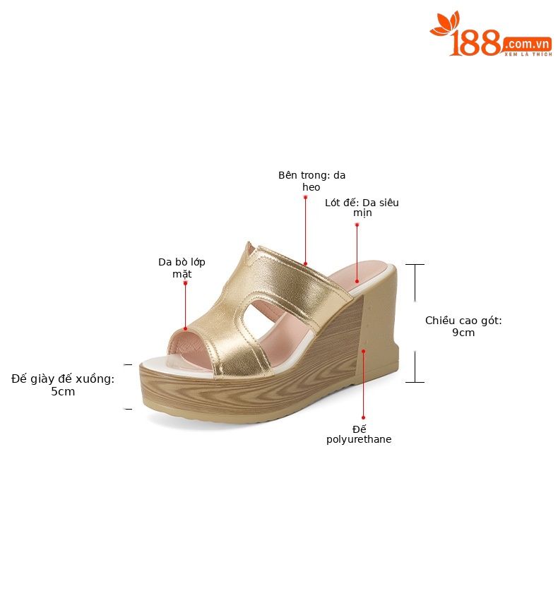 Dép sandal nữ quai chữ V đế xuồng cao gót 9 cm, mũi hở, phong cách tăng chiều cao — màu vàng, bạc chi tiết 3