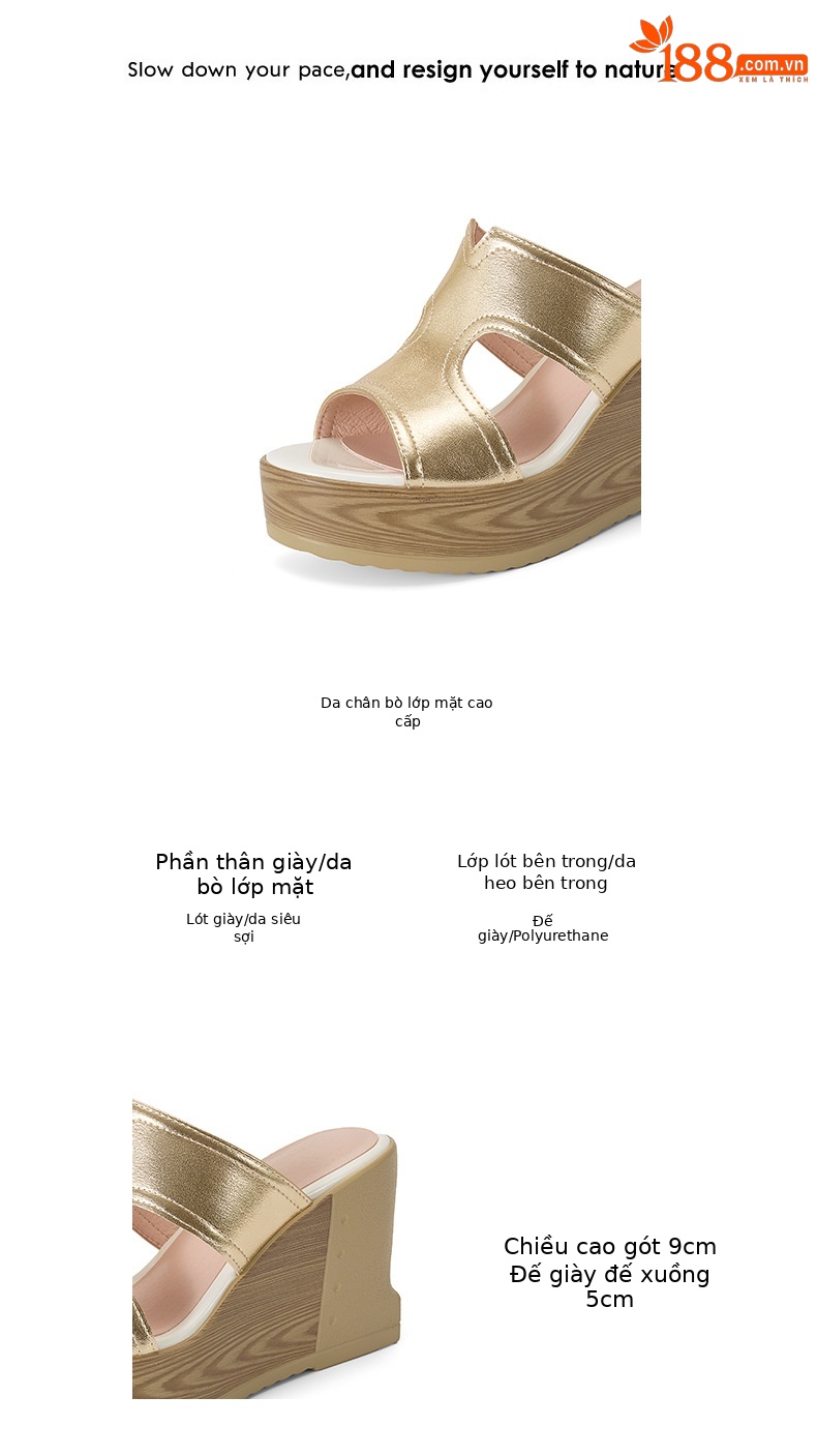 Dép sandal nữ quai chữ V đế xuồng cao gót 9 cm, mũi hở, phong cách tăng chiều cao — màu vàng, bạc chi tiết 2