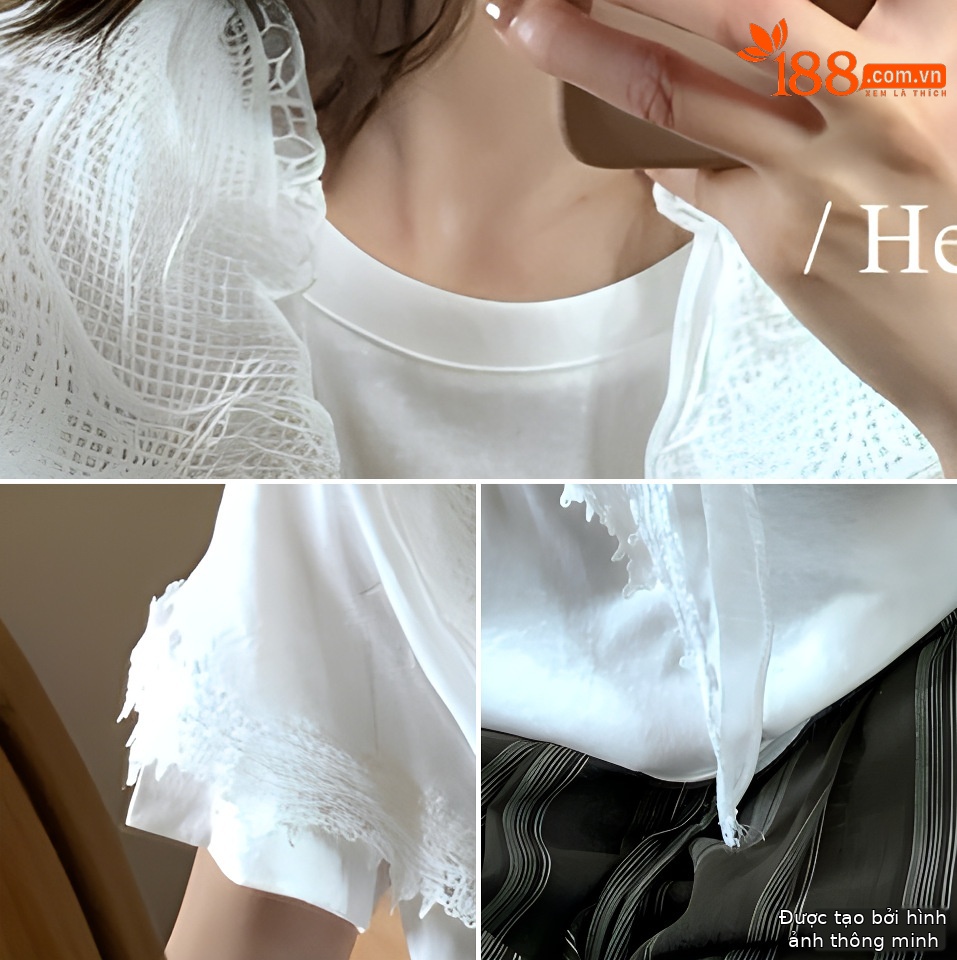 Áo thun nữ cổ tròn tay ngắn phối khăn choàng ren hai lớp — Bột củ sen, trắng ngà, Pho mát chi tiết 8