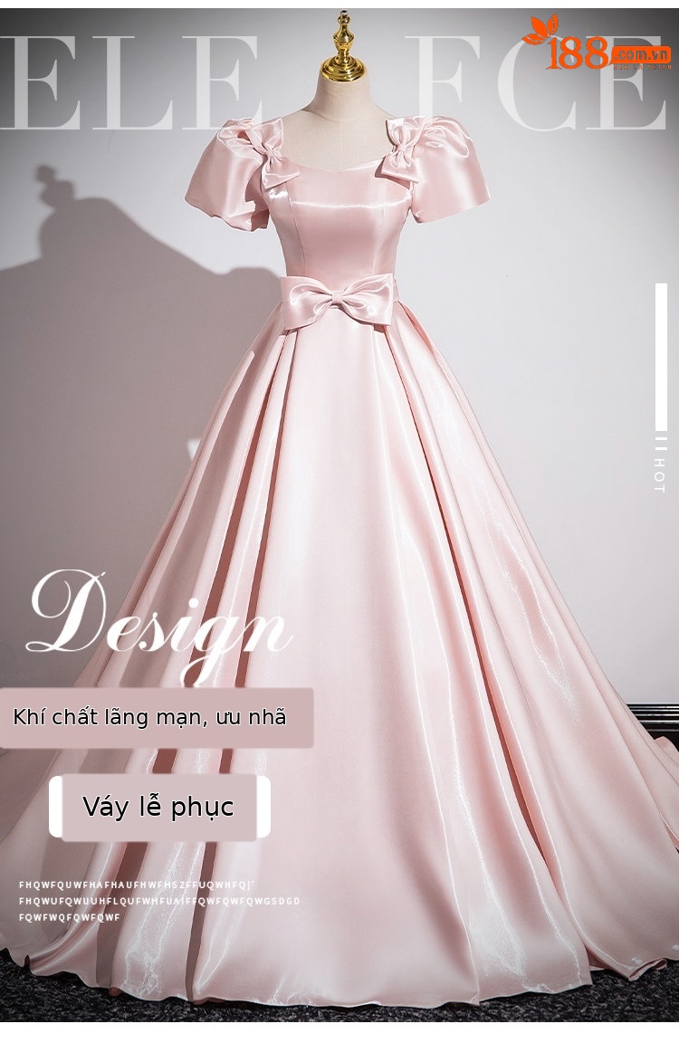 Đầm maxi nữ thắt eo dáng suông tay ngắn cổ vuông chất liệu satin hồng — Màu hồng dáng chạm đất chi tiết 1