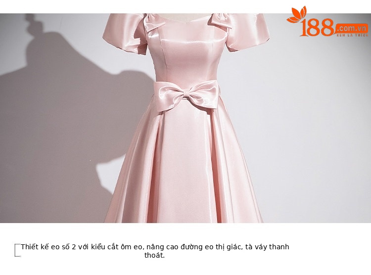 Đầm maxi nữ thắt eo dáng suông tay ngắn cổ vuông chất liệu satin hồng — Màu hồng dáng chạm đất chi tiết 4
