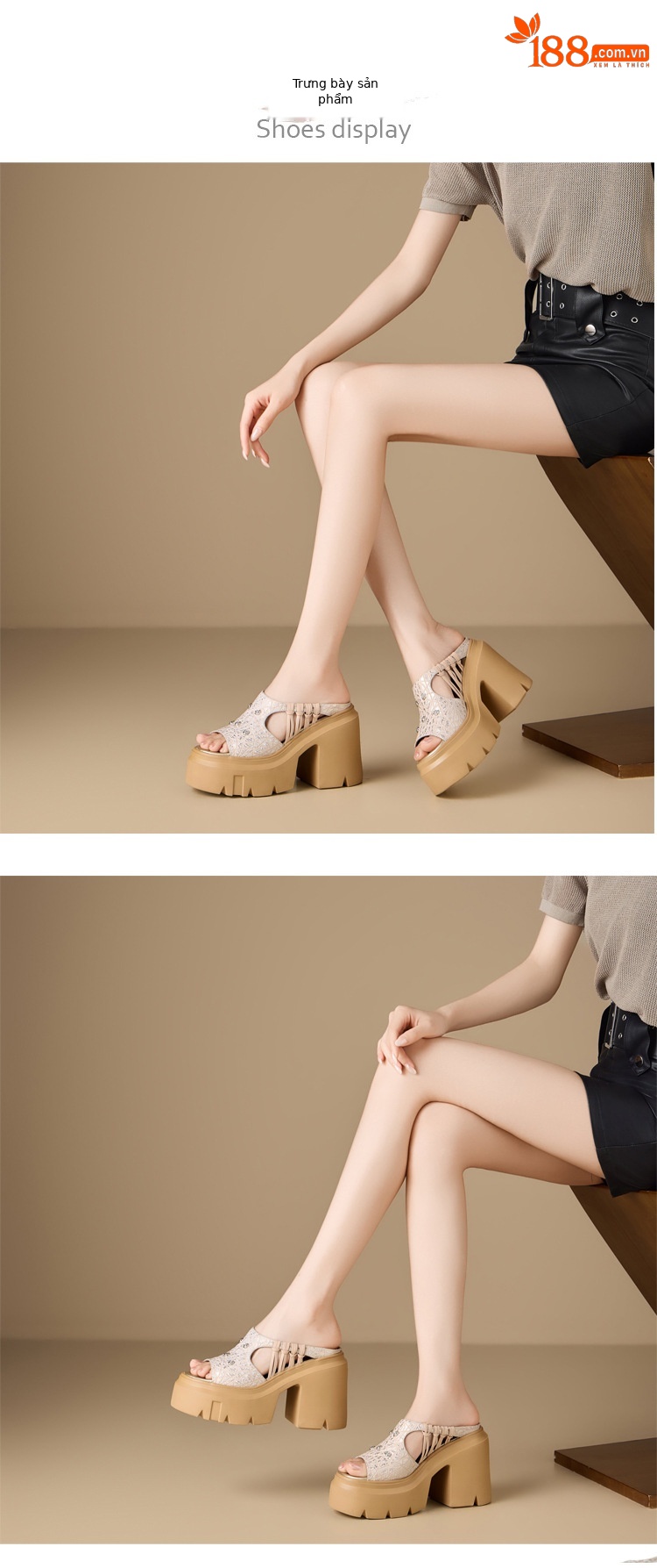Dép sandal nữ quai chữ V đan da bò, gót vuông 12 cm, đế dày, phong cách tối giản — màu đen chi tiết 2
