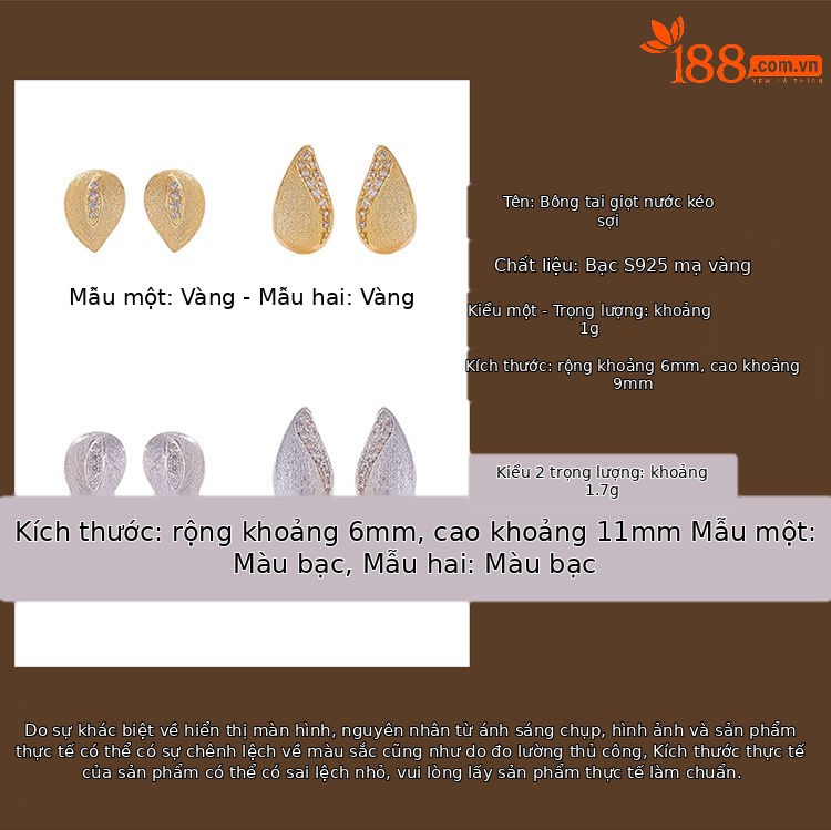 Khuyên tai nữ bạc S925 mạ vàng hình giọt nước mờ — Kiểu dáng 2 màu bạc chi tiết 2