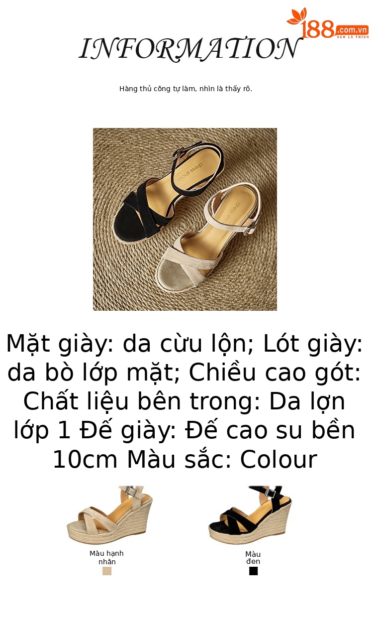 Sandal cao gót nữ đế xuồng đan rơm hở mũi quai chéo – gót 9 cm — màu đen, màu mơ chi tiết 2