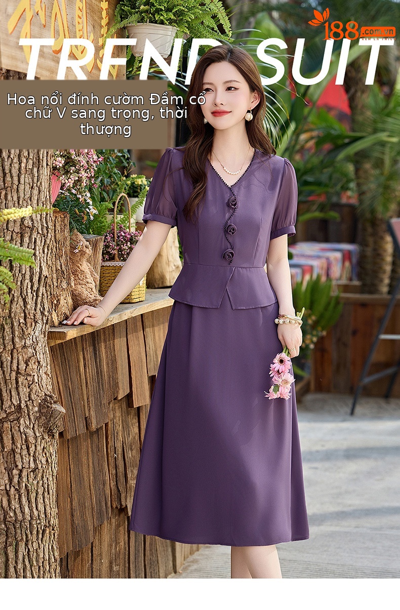 Đầm maxi nữ cổ V phối ren hoa hồng, tay ngắn, thiết kế giả hai lớp, cài khuy vải — tím hoa cà, Xanh lông mòng đen chi tiết 1