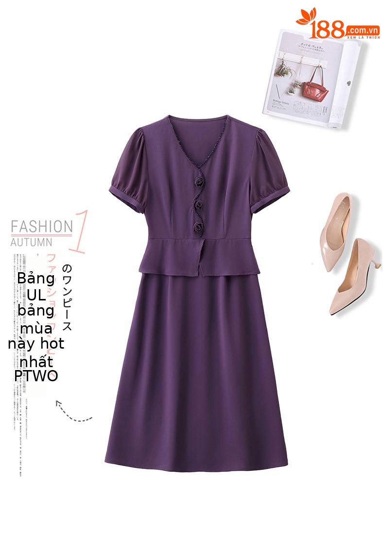Đầm maxi nữ cổ V phối ren hoa hồng, tay ngắn, thiết kế giả hai lớp, cài khuy vải — tím hoa cà, Xanh lông mòng đen chi tiết 5